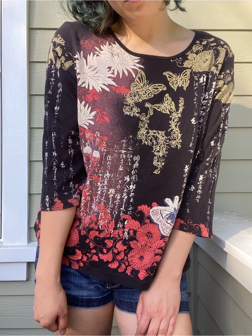 Susan Lawrence Y2K Rhinestone Black Floral Butterflies & Script 3/4-Sleeve